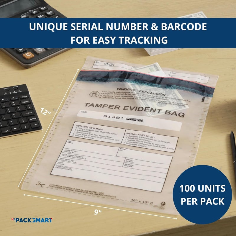 US PACK SMART 9”x12" Clear Plastic Deposit Bags with Security Tape Tamper Evident - Secure Bank Deposits, Cash Handling, & Currency Transport | Self-Sealing Tape with Hidden Graphics | 100-Pack - Image 4